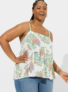 FIT Model is 5'10” wearing size 1. . Measures 28”-30” from shoulder (size 2). MATERIALS + CARE Challis woven fabric: New, improved, and loved by all—and still lightweight, drapey, and (really! ) machine-washable. . Stretch level: None. . 72% viscose, 28% lyocell. . Machine wash cold. Tumble dry. Imported. DETAILS Sleeveless. Square neckline. The best plus size women's babydoll challis square neck tank sleeveless & tops in line airbrush floral cloud dancer made of washchallis. Rock your look from Floral Cloud, Shoes For Leggings, Cloud Dancer, Sleeveless Tops, Lightweight Tops, Fashion Event, Floral Tank, Casual Wardrobe, Fashion Tops