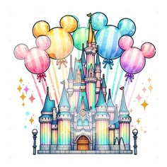 a castle with lots of balloons in the air