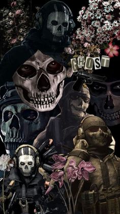 a collage of skulls and flowers with the words ghost written on their foreheads