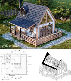 a small cabin with a porch and living room on the second floor is shown in this drawing