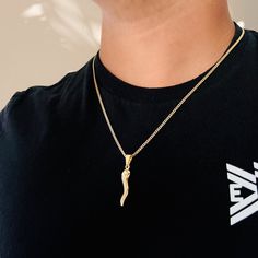 "This men's Italian horn necklace features a sleek design, crafted from gold filled material, and hangs delicately on a sturdy cuban link chain. The horn pendant is a symbol of good luck and protection, making it a meaningful accessory for any fashionable gentleman. ⭐️Item Details:  Chain Width: 2mm Pendant Size: 26 x 6.5mm  Material: Gold Filled Benefits: Water & Tarnish Resistant, Hypoallergenic  ⭐️About Our Necklaces:  Our necklace collection is made to best suit your personality and style. W Pepper Necklace, Italian Horn Necklace, Italian Horn, Horn Necklace, The Horn, Horn Pendant, Necklace Collection, Cuban Link Chain, Cuban Link