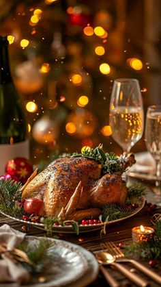 a roasted turkey on a platter with christmas decorations and wine glasses in the background