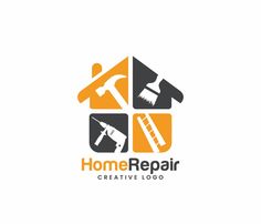 the logo for home repair company, with tools in the house and hammers on it