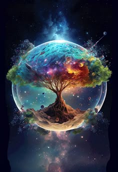 a tree in the middle of a planet with stars and planets around it, on top of