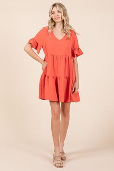 Features: Short Flutter Sleeve, Layered Dress, Tiered, ruffled, excellent stretchy material, mini dress, V neckModel is 5'9"(W:24", H:34", B:32A) wearing Small. Small 4-6 Medium 8-10 Large 12-14 X-Large 16-18 100% Polyester Fitted V-neck Tiered Dress With Ruffle Hem, V-neck Tiered Dress With Ruffle Hem For Day Out, Flowy V-neck Ruffle Dress, Flirty Tiered Dress With Layered Hem, Flirty Layered Hem Dress For Brunch, Flowy Knee-length Mini Dress With Ruffle Hem, Flowy Ruffled Tiered Dress For Day Out, Flowy Tiered Dress With Ruffles For Day Out, Casual Ruffle Dress With Layered Tiered Skirt