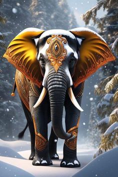 an elephant is standing in the snow