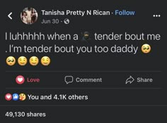 two tweets with different emoticions on them, one says i'm tender but you too daddy