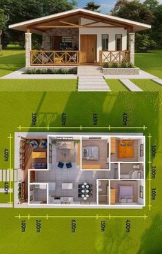 the plans for a small house are shown in two different sections, one with an open floor plan