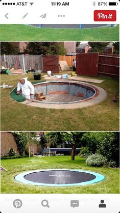 an image of a backyard with a pool in the middle and a man working on it