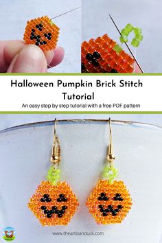 halloween pumpkin brick stitch beaded earrings with free pattern and instructions on how to make them