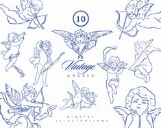 an image of angels and cupids in blue ink with the words vintage angels written on it