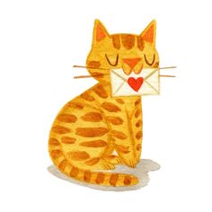 an orange and white cat with a red heart in its's mouth sitting down