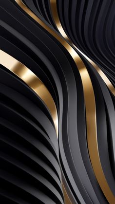 an abstract black and gold wallpaper with wavy lines in the center, as well as metallic foil