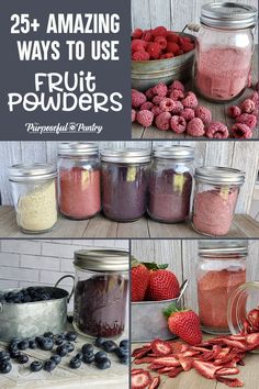 Jars and and various containers full of  powdered dehydrated fruits such as raspberry, strawberry ad blueberry How To Use Fruit Powder, Fruit Powder Uses, How To Use Dehydrated Food, How To Preserve Fruit, Dried Fruit For Drinks, Freeze Dried Fruit Powder, Powder Drink Mix Storage, Diy Freeze Dried Meals Food Storage