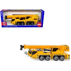 a yellow toy truck with a crane on the back