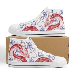 Red Dragon Blue Ceramic White High Top Sneakers Fantasy Sneakers, Casual White Mid-top Custom Sneakers, White Mid-top Casual Canvas Shoes, White Slip-on High-top Casual Sneakers, White High-top Casual Custom Sneakers, Casual White High-top Custom Sneakers, White Lace-up Casual Custom Sneakers, Casual White Lace-up Custom Sneakers, Dragon Blue