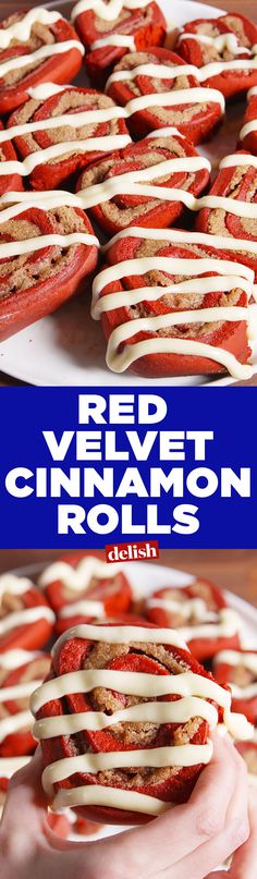 red velvet cinnamon rolls with cream cheese drizzled on them and topped with hotdog buns