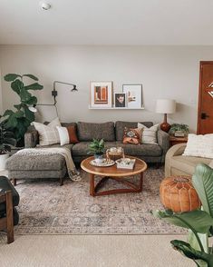 a living room filled with furniture and plants on top of a wooden coffee table in front of a gray couch