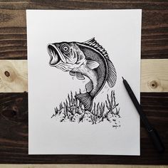 a drawing of a fish jumping out of the water