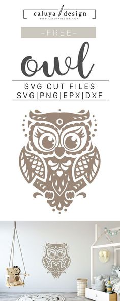 an owl stencil is shown with the words, free cut files and svg file