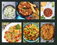 several different pictures of food including rice, salads and other foods are shown in this collage