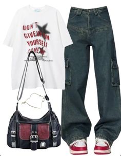 OOTD: Oversized Tee + High Waist Cargo Jeans + Pu Leather Y2K Crossbody Bag Outfit With Cargo Jeans, Acdc Concert Outfit, Metro Boomin Concert Outfit, Cute Clothes Outfits, Graphic Tees Outfit, Y2k Fashion Outfits, Cute Y2k Outfits, Oversized Tee Outfit, Y2k Outfits Street Styles