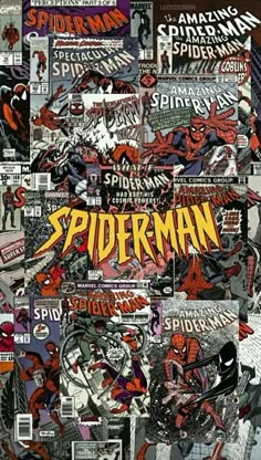 an image of spiderman collaged with comic books and other comics in the background