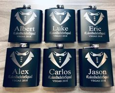 six black flasks with the names of four men in tuxedos on them