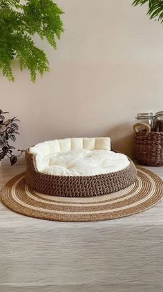 a dog bed on the floor in front of a potted plant and other items