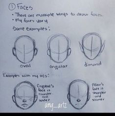 the steps to draw an anime head with different facial shapes and hair types for each face