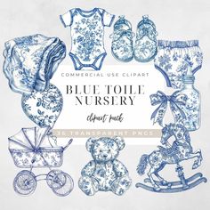 the blue toile nursery clipart set includes baby's clothes, shoes and toys