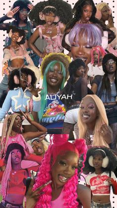 the collage shows many different types of hair and clothes, including one woman with pink wig