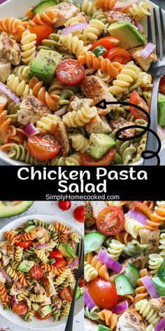 chicken pasta salad with tomatoes, cucumber and avocado