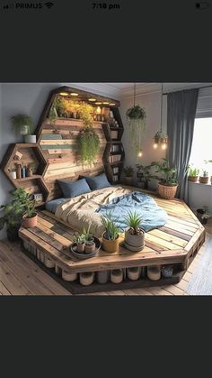 a bed made out of pallet wood with plants on top and shelves above it