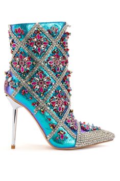 CRISP-MULTI JEWELED STILETTO BOOTIE | AZALEA WANG Whimsical Shoes, Boot Bling, Pu Boots, Boots For Short Women, Crystal Heels, Weather Boots, Boots Platform, Rhinestone Shoes, Statement Shoe