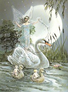 a painting of a fairy on a swan in the water with her wings outstretched, surrounded by ducks