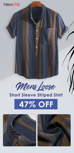 Mens Summer Loose Stand Collar Short Sleeve Striped Cotton Henley Shirt. #shirts #menfashion #summershirts Stylish Casual Outfits For Men, Outfits For Vacation, Clothes Combination, Men's Summer Outfit, Everyday Clothes, Striped Short Sleeve Shirt, Henley Shirt