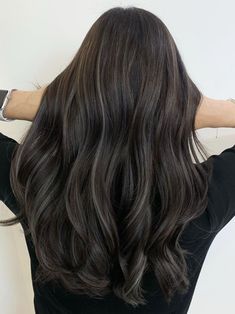 Cool Tone Black Hair Color, Straight Hair Highlights Black, Balyage For Black Hair, Highlights For Black Hair Asian Straight, Asian Hair Color No Bleach, Korean Hair Color Highlight, Super Dark Brown Hair With Highlights, Hair Inspo Color Black, Black Hair With Partial Highlights