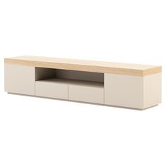 a white and oak tv stand with two drawers on one side, an open shelf to the other