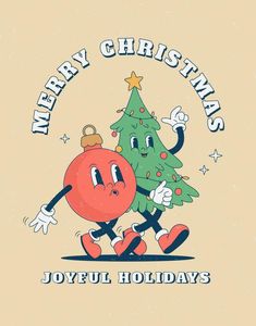 a cartoon christmas tree running with an ornament on it's back and the words merry christmas joyful holidays