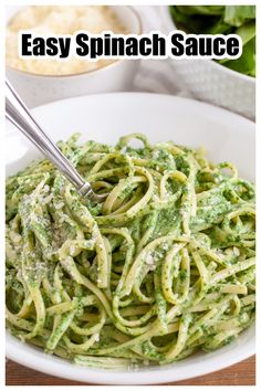 Bowl of pasta with green sauce. Green Pasta Recipe, Spinach Pasta Sauce, Green Pasta Sauce, Fresh Spinach Recipes, Spinach Pasta Recipes, Green Pasta, Easy Pasta Dinner, Cheese Spaghetti, Green Sauce