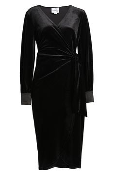 Light ruching at the waist creates stunning dimension on a luxe stretch-velvet wrap dress that's perfect for your next evening out. True wrap style with side tie closure Surplice V-neck Long sleeves Lined 96% polyester, 4% spandex Dry clean Imported Formal Ruched Velvet Dress, Elegant Draped Velvet Evening Dress, Elegant Draped Velvet Dress, Elegant Ruched Wrap Dress For Evening, Elegant Ruched Velvet Dress For Formal Occasions, Elegant Ruched Velvet Dress For Cocktail, Elegant Ruched Velvet Dress, Velvet Wrap Dress, Stretch Velvet