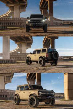 four different views of an off - road vehicle in front of a bridge and overpass