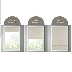 three different types of blind shades in various sizes