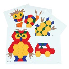 three pieces of paper cut out to look like hexagons and geometric shapes