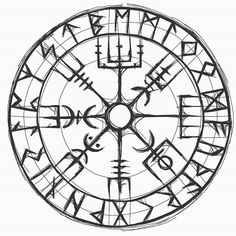 a black and white drawing of an astro wheel with symbols in the middle, on a white background