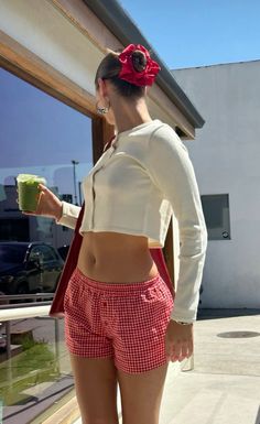 red shorts | pajamas | white sweater top | red scrunchie | bun | matcha Scrunchie Outfit, Scrunchie Bun, Pajamas White, Red Scrunchie, White Sweater Top, Shorts Pajamas, Cute Spring Outfits, Disco Outfit, Cute Spring