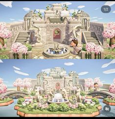 there are two pictures of a castle with flowers in the foreground and on the right