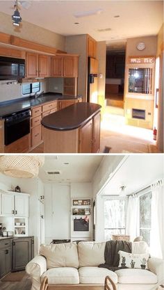 before and after photos of a kitchen, living room and dining room