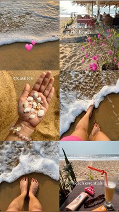 there are many different pictures with sand and flowers on the beach in front of them